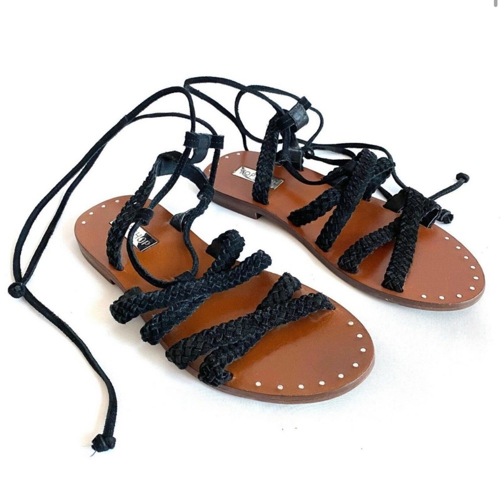 Topshop Sandals Black Farewell Gladiator Strappy Braided Suede Women's Size 7 37